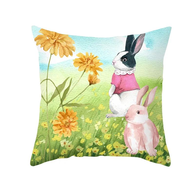Home Decor Easter Pillowcase Flowers Rabbit Egg Print Pillowcase Sofa Cushion Cover Bedroom Room Decor 45x45 Cm