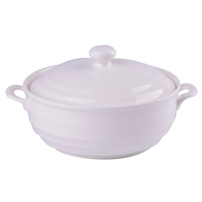 White Ceramic Double-Eared Soup Pot with Lid, Large Capacity Stew and Rice Bowl, Microwave Safe Steamed Egg Basin.