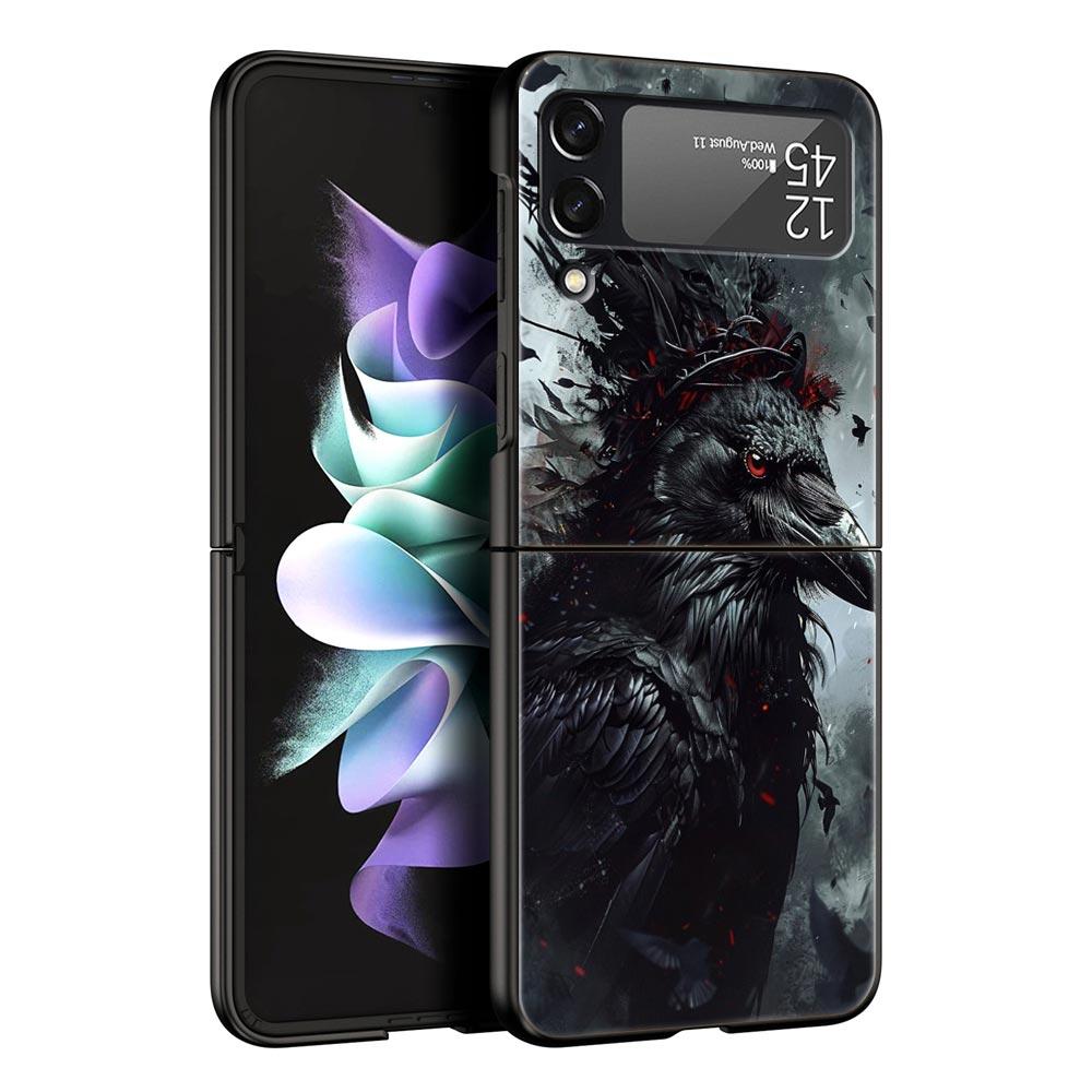 Black Raven Hard PC Phone Case For Samsung Galaxy Z Flip 7 6 5 4 Black Cover For Galaxy Z Flip 3 Foldable Shell Fundas Capas Bag