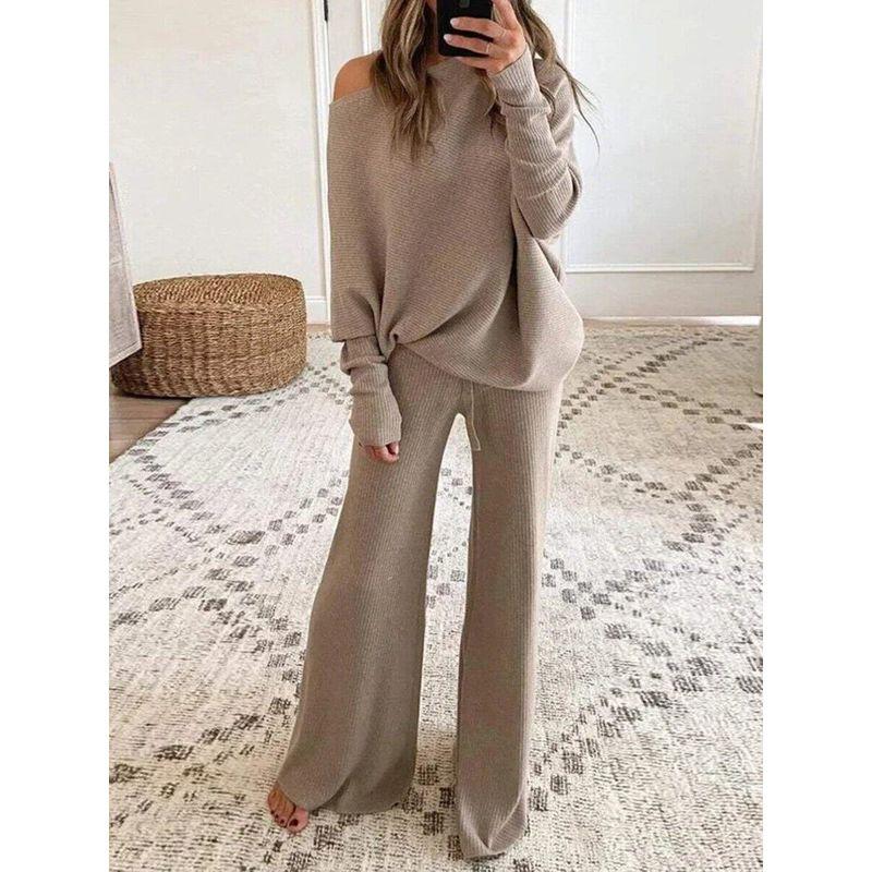 

Amazon s New Women s Clothing European and American Solid Color Round Neck Long-Sleeved Casual Two-Piece Suit Camel S