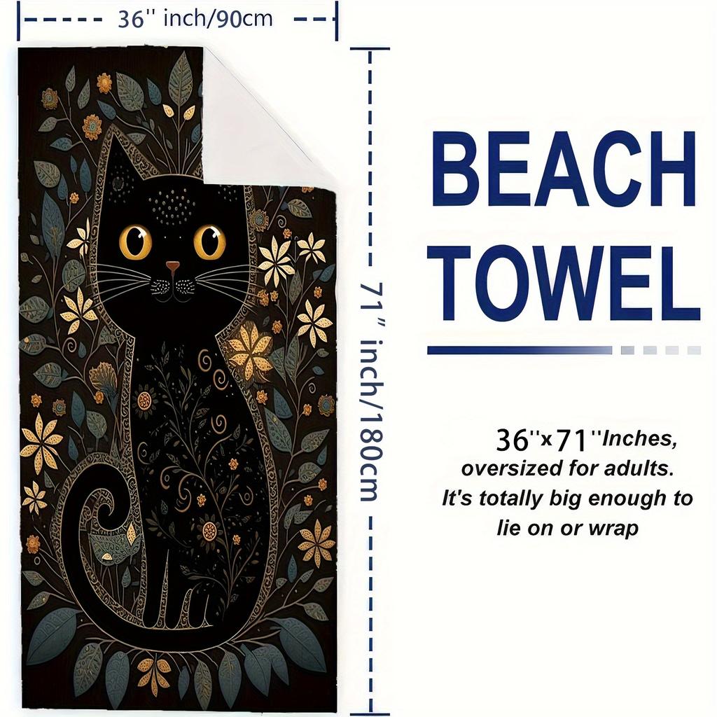 Cute Black Cat and Golden Leaves Beach Towel, Elegant Animal Art Quick-Dry Sand-Free Microfiber Bath Towel for Swim and Camping
