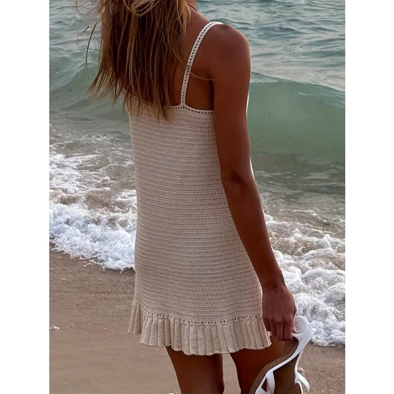 Summer Ruffle Hem Knitted Beach Short Dress New Solid Color Swimsuit Cover Up Dress Strap Slim Fit Fashion Elegant Loose Seaside Holiday Party Dress