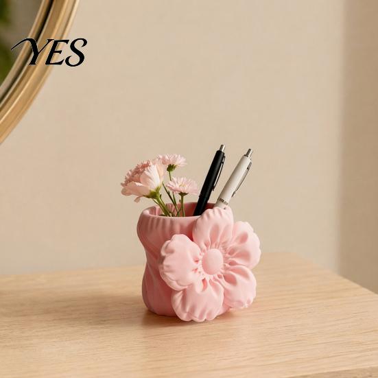 High-end Matte Texture Pen Holder 3D Printed Silk Flower Holder, Cute Puff Desk Floral Design Accessory Organizer, Makeup Brush Storage, Vase