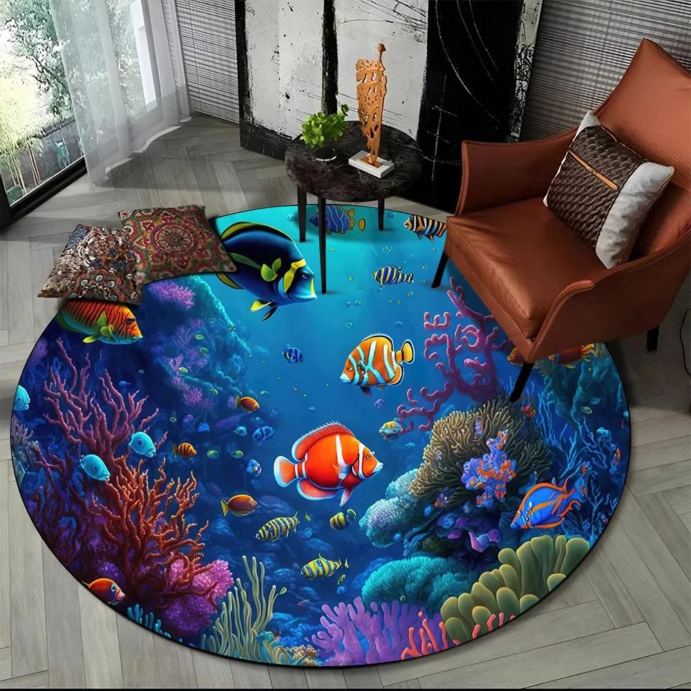 Unterwasserwelt Runder Teppich Cartoon Meeresboden Fisch Delfin Bereichsteppich für Wohnzimmer Schlafzimmer Dekor Rutschfeste Ozeantier Bodenmatte