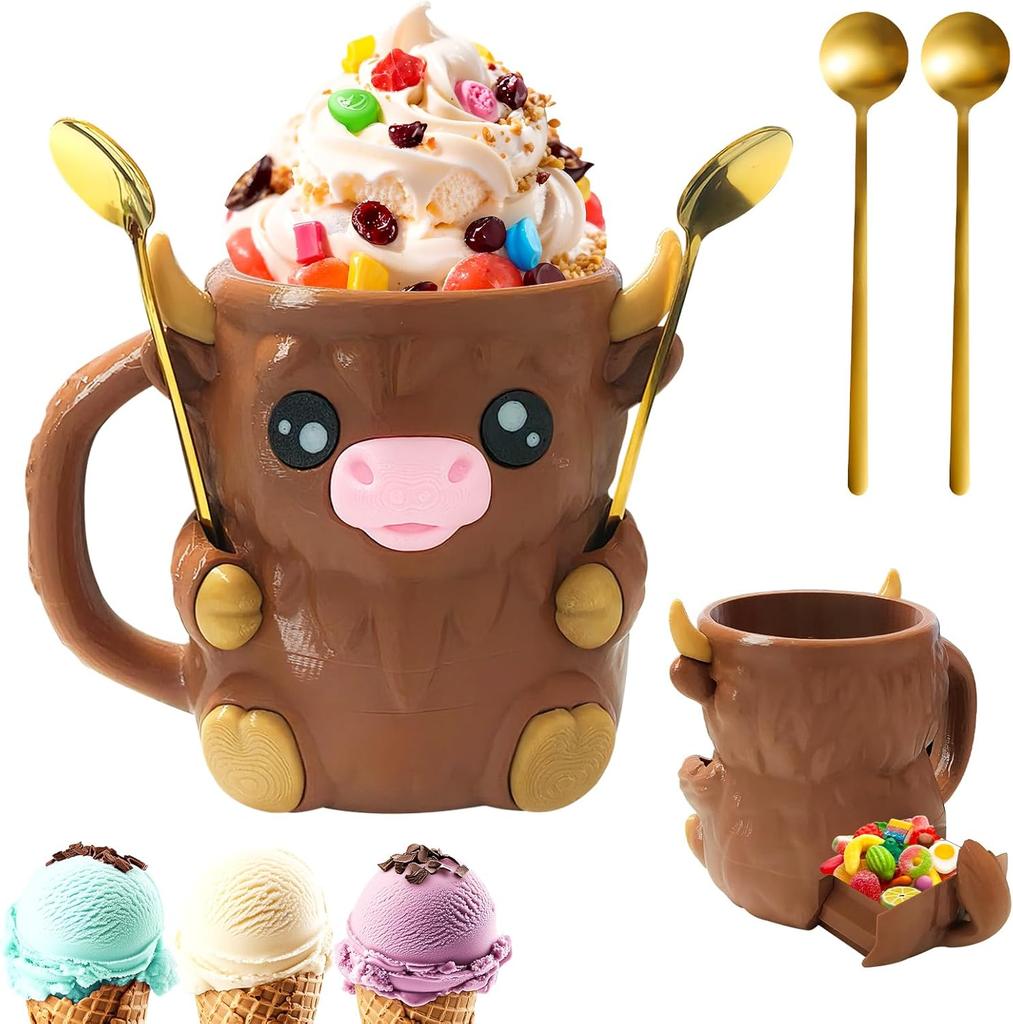 Cute Cow Ice Cream Pint Holder with Handle – 3D Printed Insulated Sleeve for 16oz Containers | Gift for Animal Lovers