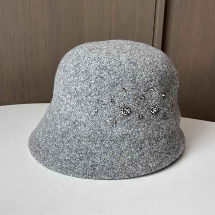 Xiaoxiangfeng Elegant Woolen Top Hat Autumn And Winter Warm Knitted Basin Hat Women'S Fashion Rhinestone Decorative Fisherman Hat