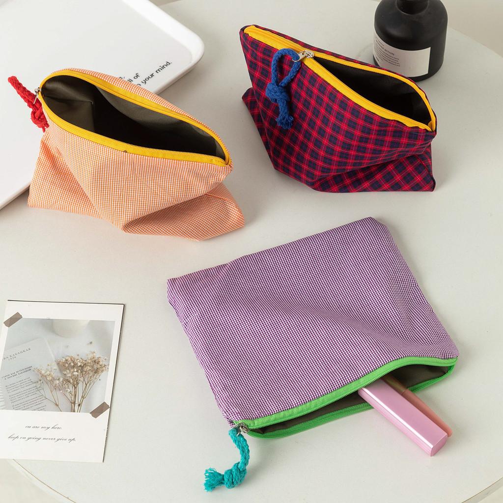 Canvas Grid Pattern Makeup Bag With Zipper For Daily Use And Travel Storage