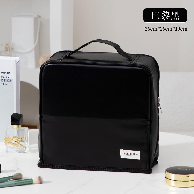 Hanging Makeup Case with Mirror, Large Capacity Travel Toiletry Bag, Trunk Organizer with Stand-Up Base & Brush Holder