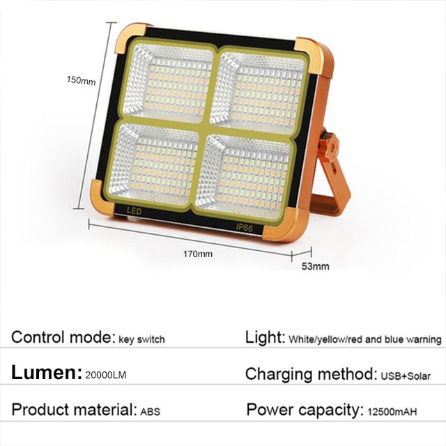 20000LM USB Rechargeable LED Solar Flood Light 10000mAH with Magnet Strong Light Portable Camping Tent Lamp Work Repair Lighting