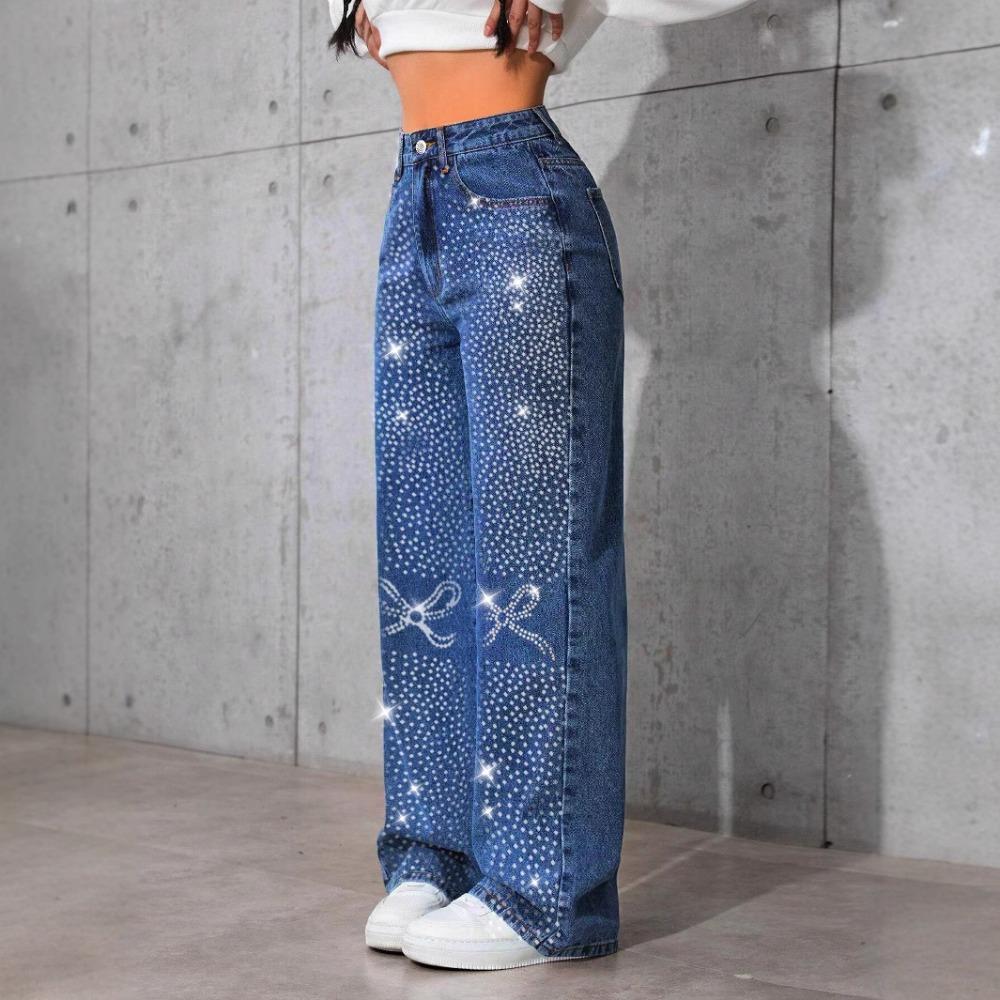 Women's High Rise Wide Leg Pants Loose Straight Leg Jeans Rhinestone Bow Print Non Stretch Denim Trousers Vintage American Streetwear Long Jeans