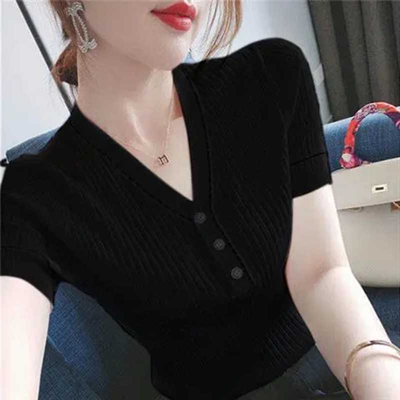 Ice Silk V-Neck Short Sleeve T-Shirt Simple Versatile Slim Fit Thin Button Splicing Knit Sweater Top Thin Section