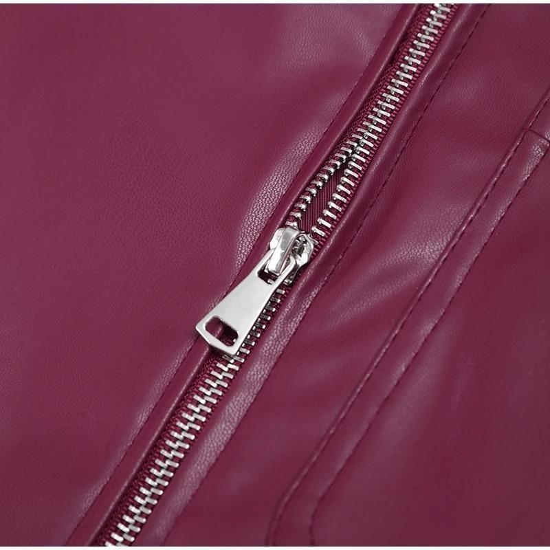 Lässige Burgunderjacke mit Revers, Reißverschluss, Einzeltasche, Mantel, Frühling und Herbst, lockerer Motorrad-Vintage-Mantel, Damen-Stil, Oberteil