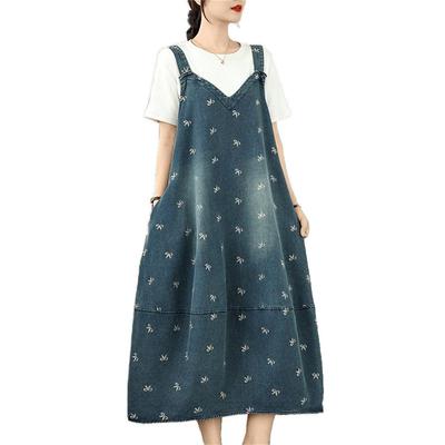 Mouhoukyo Denim Overall Jumper Camisole Jumper Ribbon Women's Skirt, Skirt, Dress, Skirt, Embroidery, V-Neck, Spring, Summer, Fall, M/L/XL/2XL (Color