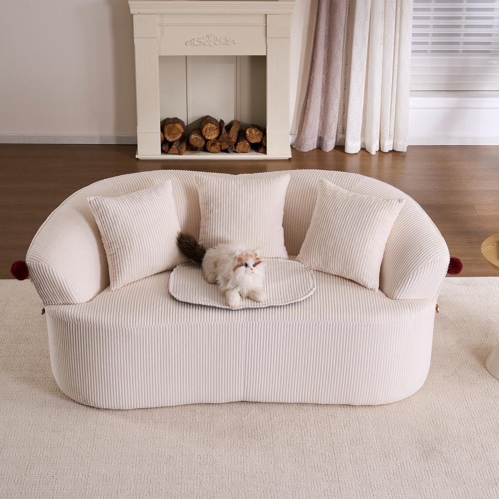 Arched double sofa with clown hat design inspiration, made of corduroy fabric. Cushions and pet mat are included and provide a warm, cozy atmosphere.