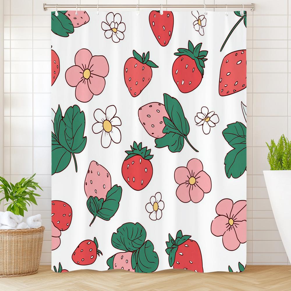 Small Fresh Fruit Strawberries Printed Shower Curtain Bathroom Curtain,Hanging Curtain With 12 Hooks Decoration Machine Washable