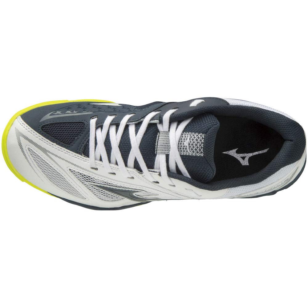 Mizuno Chaussures Wave Medal 6 Tennis de Table Amorti et Taille 2E, Stabilité, Blanc/Marine/Jaune, 27.0 cm,