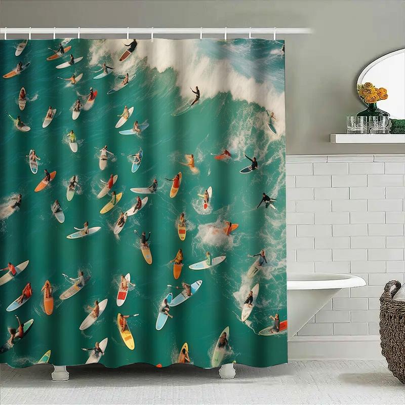 Ocean Wave Shower Curtain Blue Sea Beach Pattern Bathroom Decor Waterproof Fabric Liner Coastal Vibes Home Textile Wall Hanging