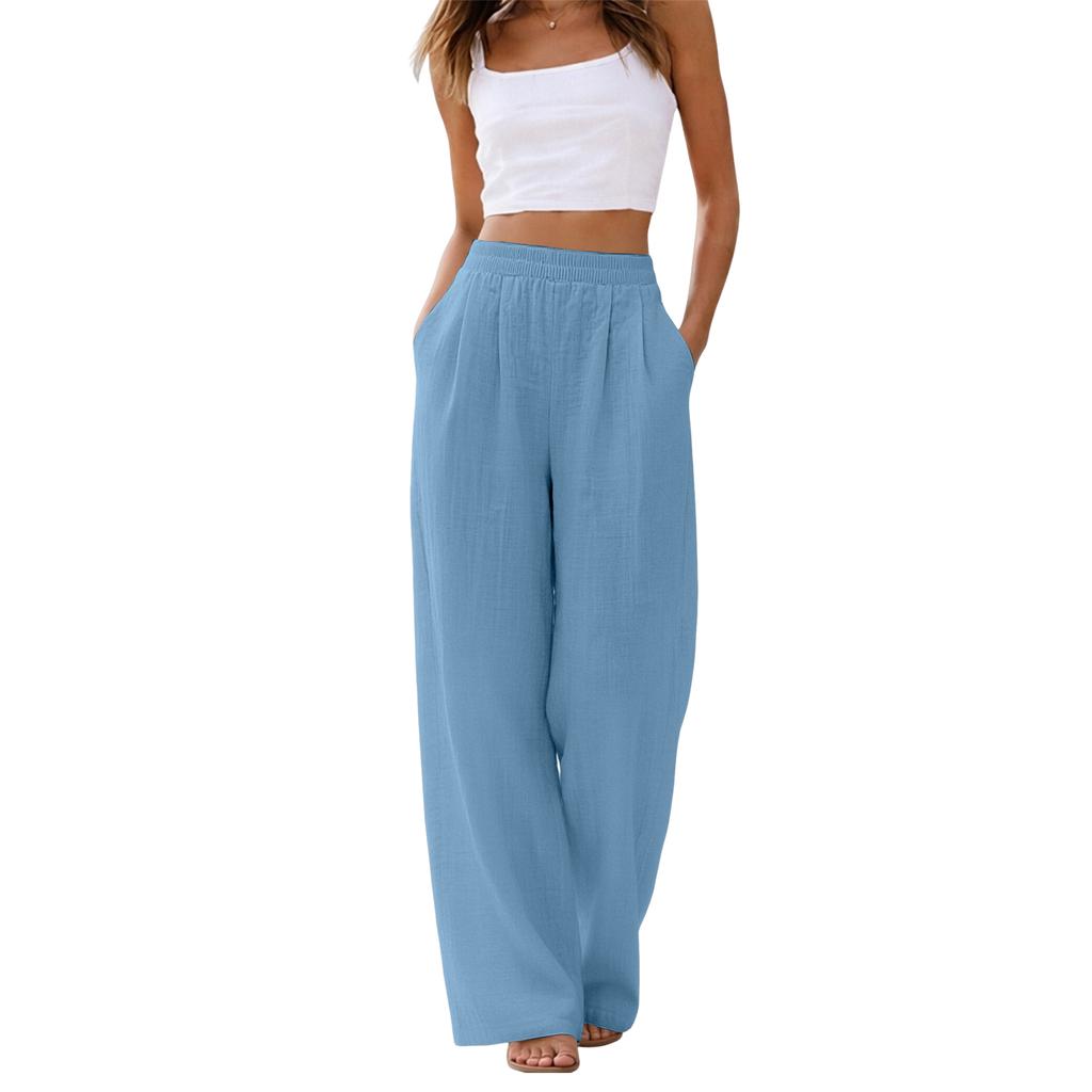 Women's Linen Wide Leg Pants Elastic Waist Summer Beach Vacation Lightweight Loose Fit Long Trousers Casual Comfortable
