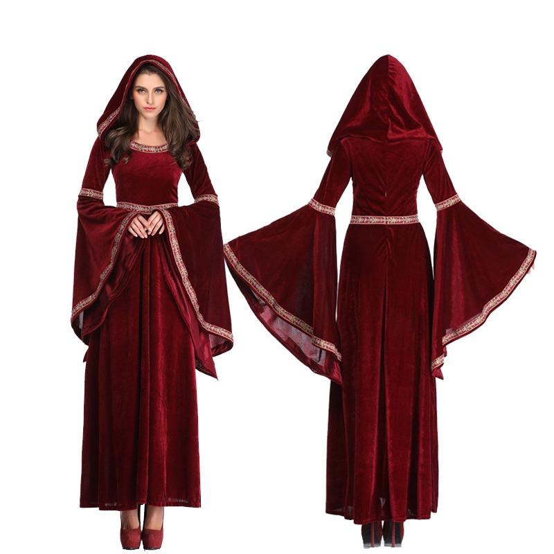New Female European Halloween Burgundy Vampire Wizard Costume, Retro Court Queen Dress Up Character
