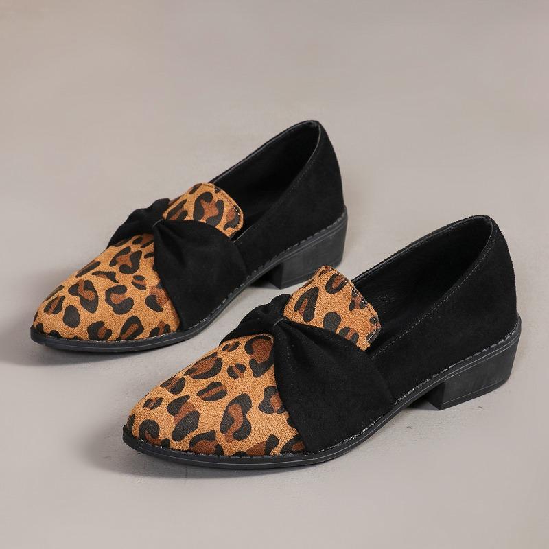 Leopard Leopard Slip Single Fall New Pointed Toe Deep Mouth Metal Chain Suede Block Heel Non-Slip Low-Top Shoes