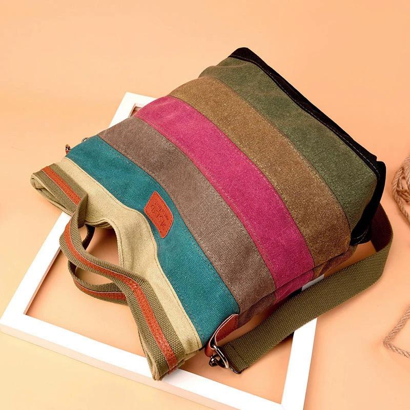 Hot Sell Women's Large Capacity Canvas Handbags Fashion Female Shoulder Bag New Rainbow Stripes Patchwork Crossbody Bag