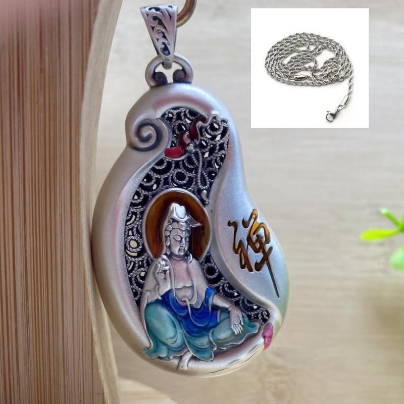 Copper Hollow Carved Guanyin Pendant Necklace Men Women Vintage Style Religious Charm With Chain