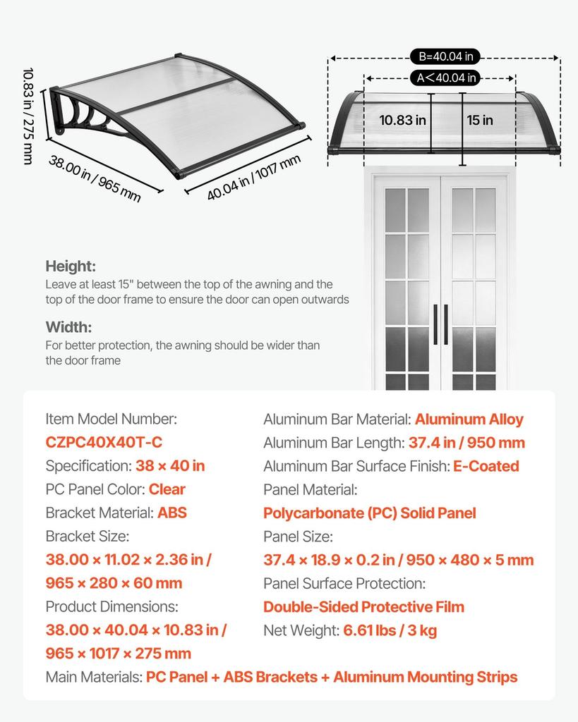 Awnings for Door Entrance, 38 x 40 in, Exterior Front Door Window Awnings with Drainage & ABS Bracket, Rain Snow Sun Protection, Overhang