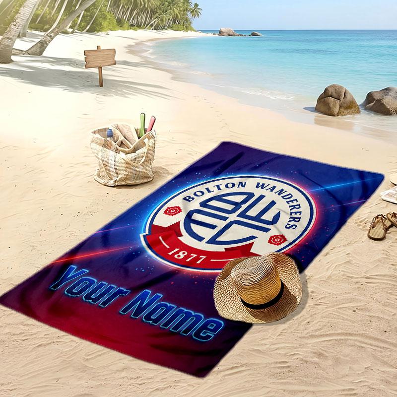 Bolton Wanderers FC Personalized Printed Beach Towel Soccer Logo Support Custom Name Text Absorbent Towel For Sport Travel Special Gift