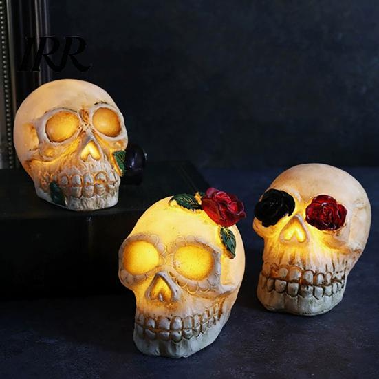 Gruselige Totenkopf-Lampe Gotische Leuchtende Rose Blumenfigurine, Tag der Toten Harz Halloween Dekor Statue, Totenkopf für Schreibtisch Zuhause