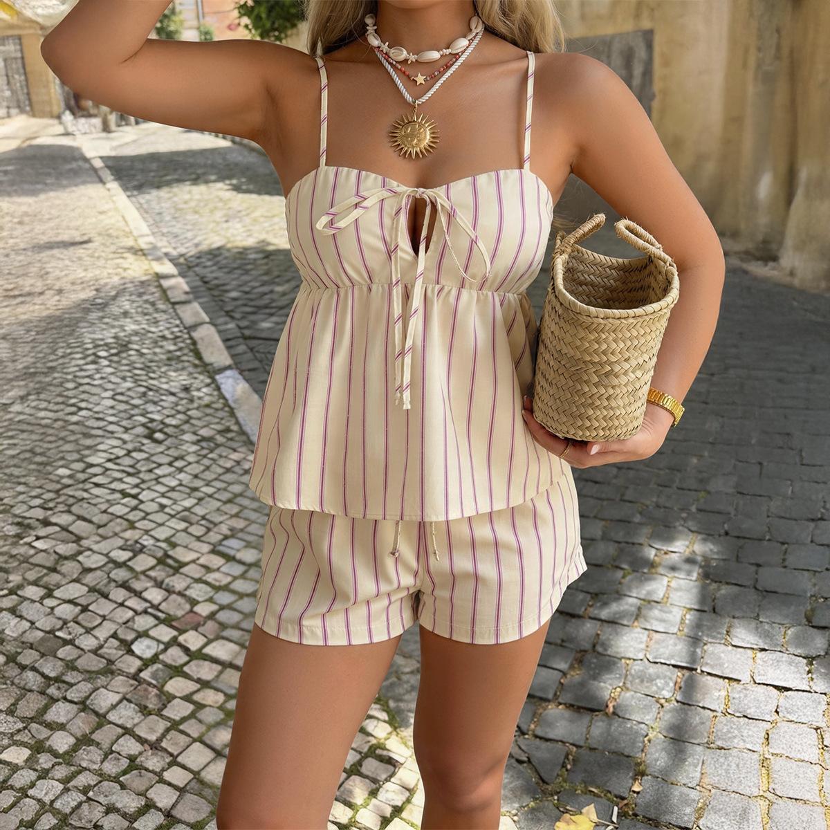 Women Striped Lace Up Cami Top And Shorts Casual Vacation Two Piece Set S