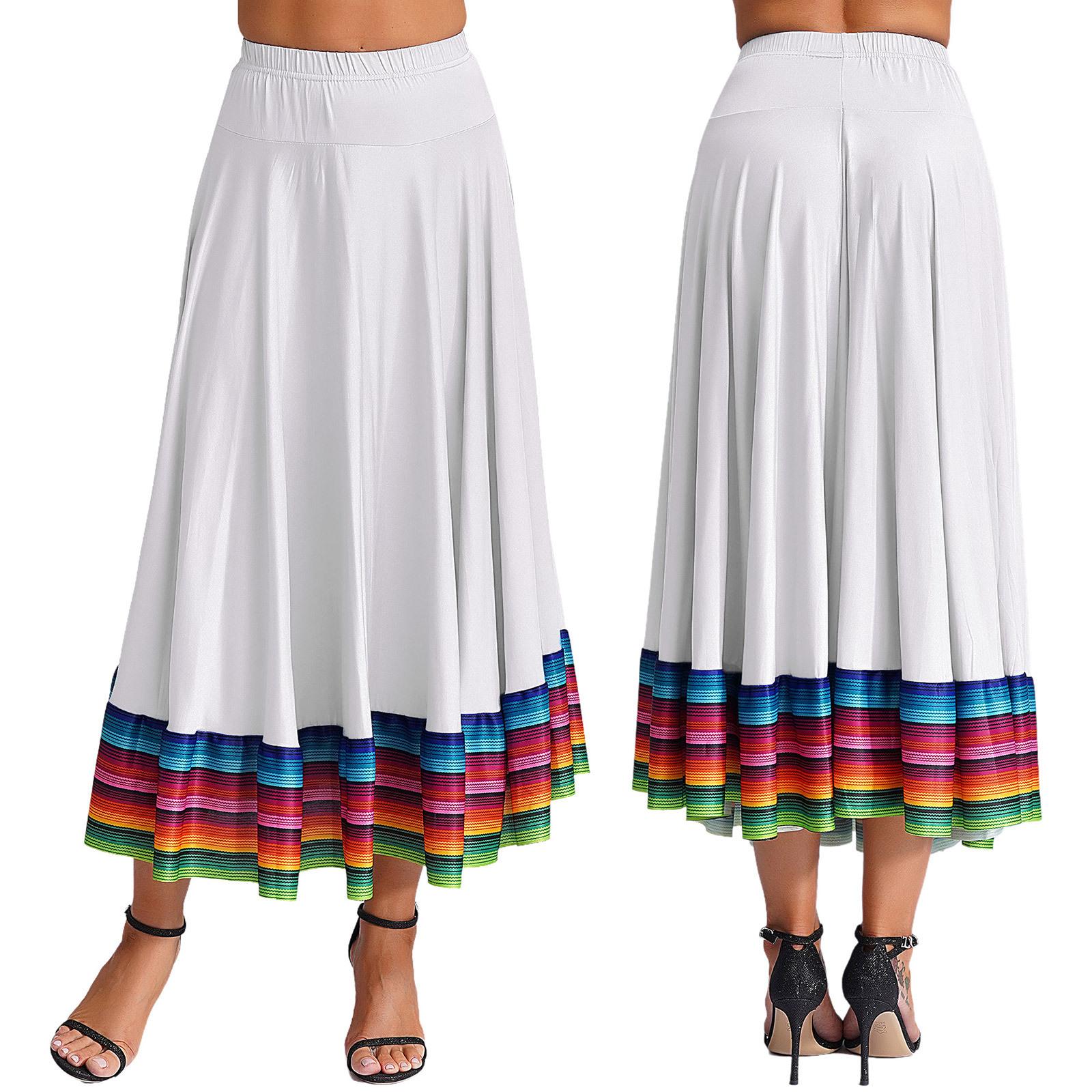 

Womens Colorful Stripe Hem Skirt Elastic Waistband Flamenco Ballroom Dance Folk Dancing Stage Performance Skirt XXL