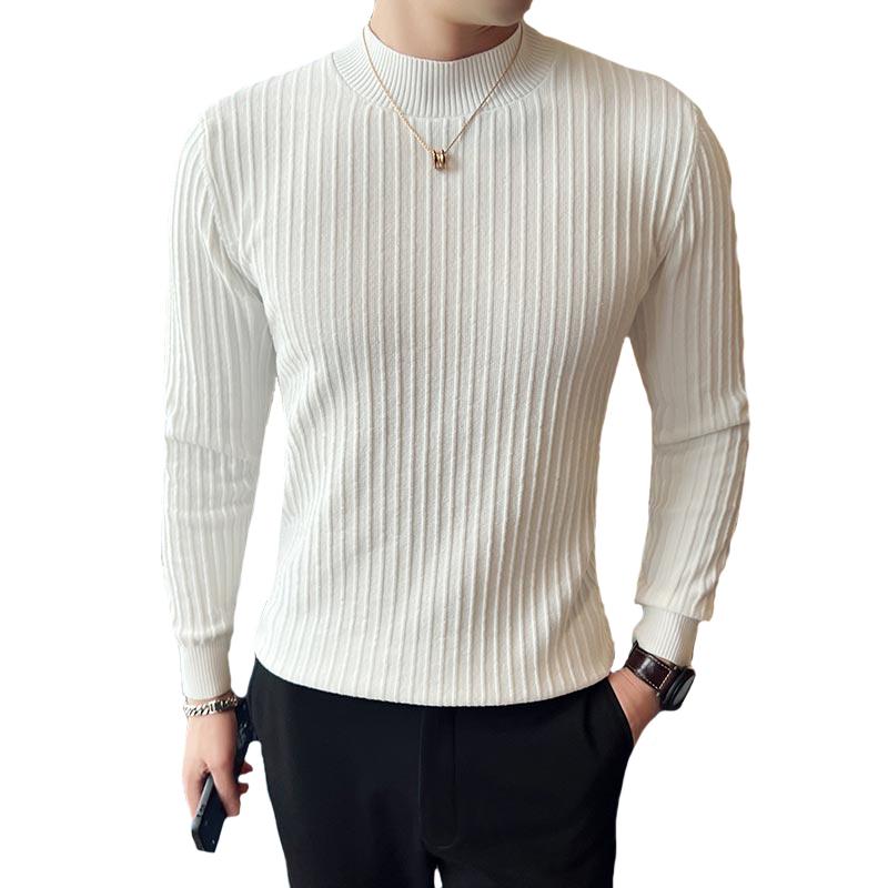 Solid Color Men's Striped Knit Sweater British Style Slim Fit Half Turtleneck Men's Casual Sweaters All Match Long Sleeve Pullovers Man