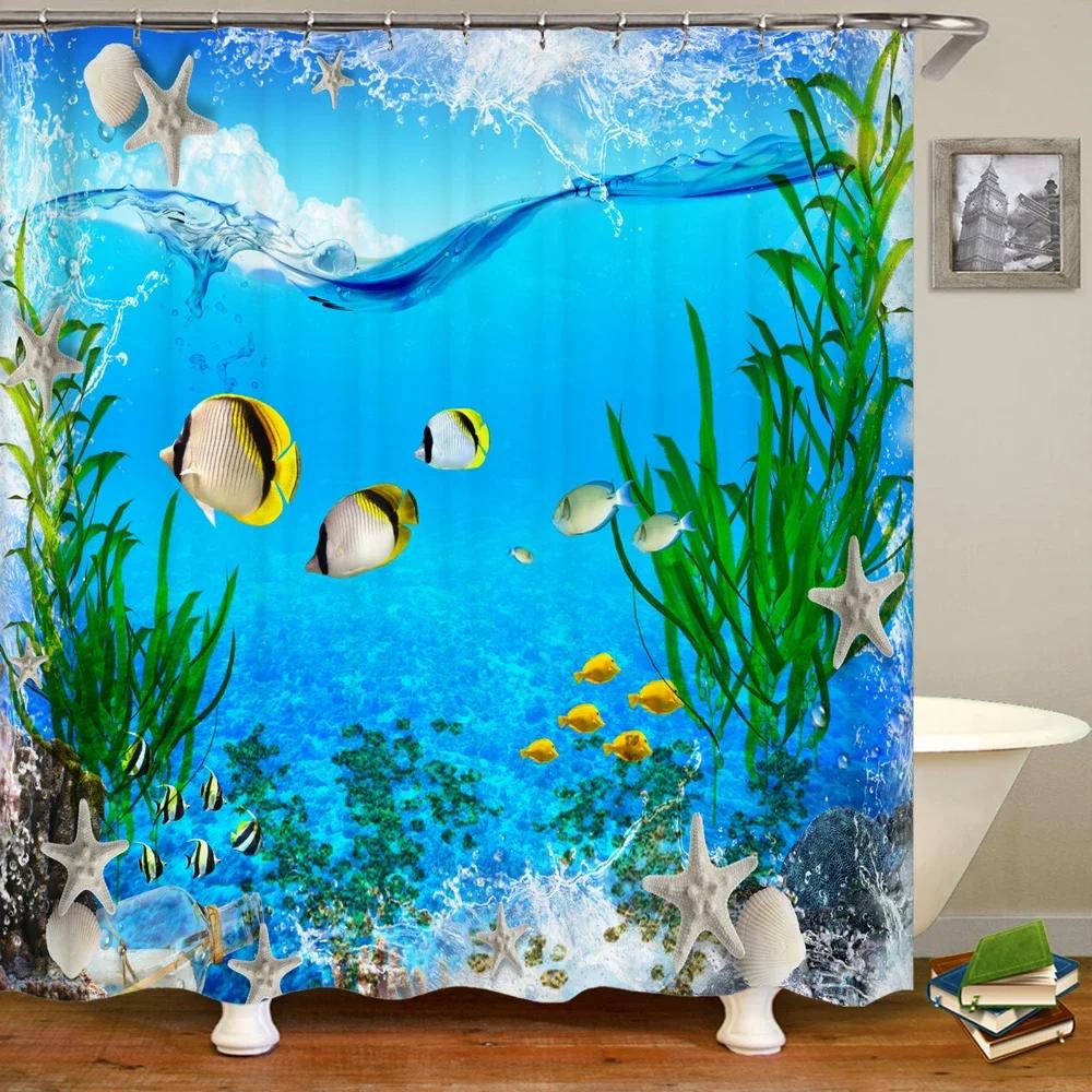 3d Bathroom Curtains Ocean Fish Jellyfish Shell Starfish Dolphin Anchor Shower Curtain Waterproof Fabric Cartoon Boy Bath Screen