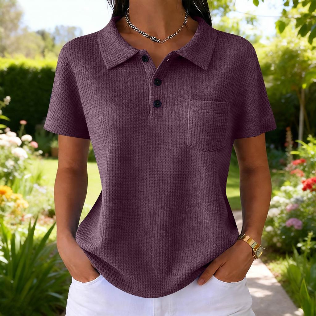 Women's Fashion Color T-Shirt — Vintage V-Neck, Button-Front, -Knit — Casual Short-Sleeve Top for Daily Commuting (Spring/Summer)