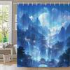 1Pc Mystical Mountain Bath Curtain - Nighttime East Asian Village With Blue Glow Waterfalls, Snow-Capped Peaks & Full Moon Fanta