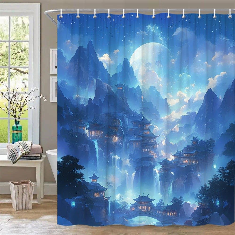 1Pc Mystical Mountain Bath Curtain - Nighttime East Asian Village With Blue Glow Waterfalls, Snow-Capped Peaks & Full Moon Fanta