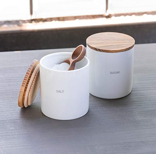 LOLO | Storage Containers | Salt & Sugar | Canister Set | Spoon Included | Made In Japan | Ceramic | Porcelain | Teak | Lid Included |