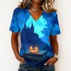 Women Casual Short Sleeve Pullover V Neck Top Halloween Ghost Print Lightweight Comfortable Blouse for Everyday Wear