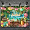 Hawaiian Tropical Summer Beach Background with Flamencos, Flowers, Aloha, Luau, Surfboard, for Parties, Photographic Studio Decoration