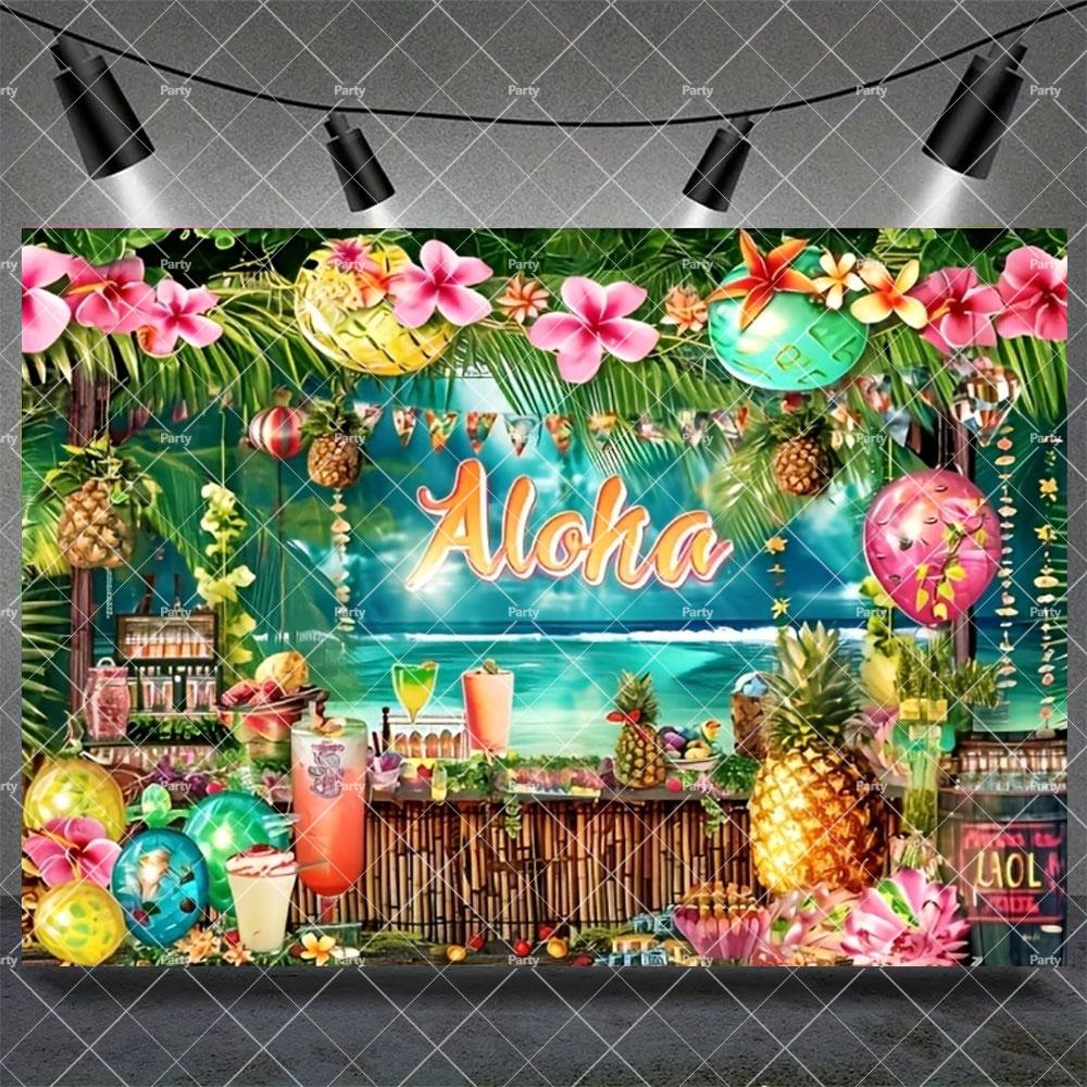 Hawaiian Tropical Summer Beach Background with Flamencos, Flowers, Aloha, Luau, Surfboard, for Parties, Photographic Studio Decoration