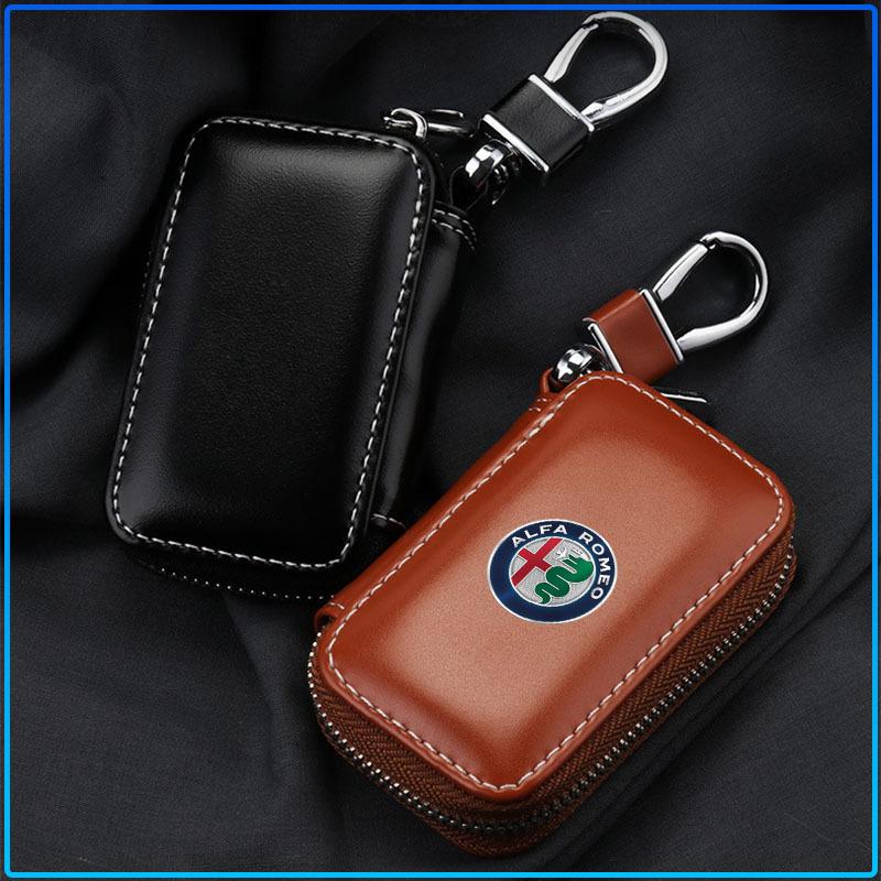 For Alfa Romeo 159 147 156 166 Giulietta Giulia Mito Stelvio Brera Spider 1Pcs Leather Emblem Car Key Case Keychain Zipper Key Case Bag