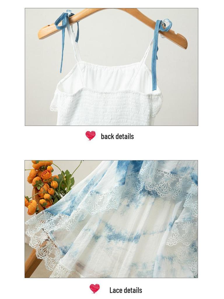 Yunnan Dali Tie-Dye Lace Camisole Dress - Women's Summer Layered High-Low Skirt