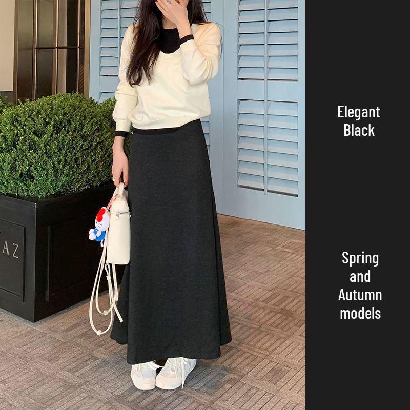 Women's High-Waist Gray Fishtail A-line Skirt – Elegant, Slimming Elastic Waist for Spring/Autumn