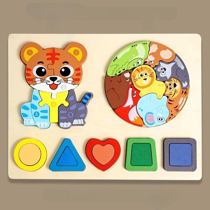 Cpc Drei-in-Eins Dreidimensionales Puzzle, Kinder Früherziehung Geometrische Form Tiererkennung Puzzle Holzspielzeug