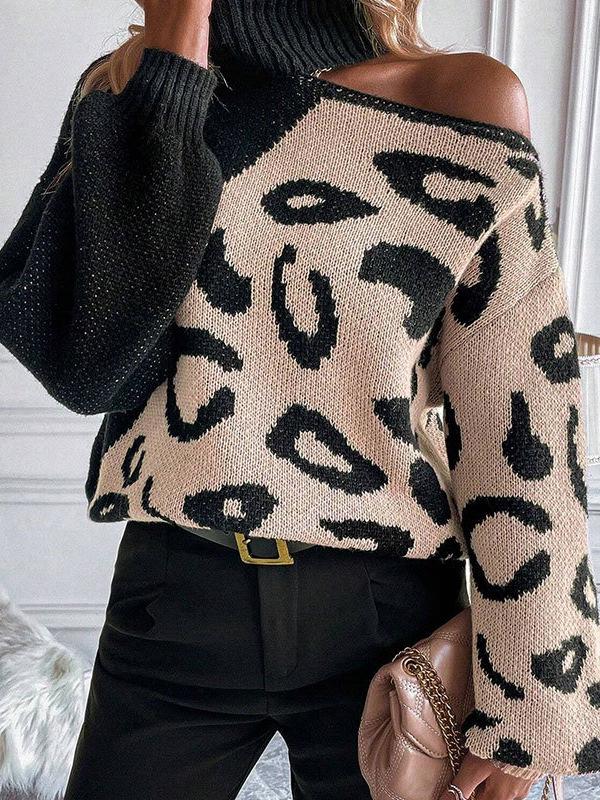 European & American Autumn Winter Leopard Print Off-Shoulder High Neck Sweater for Women