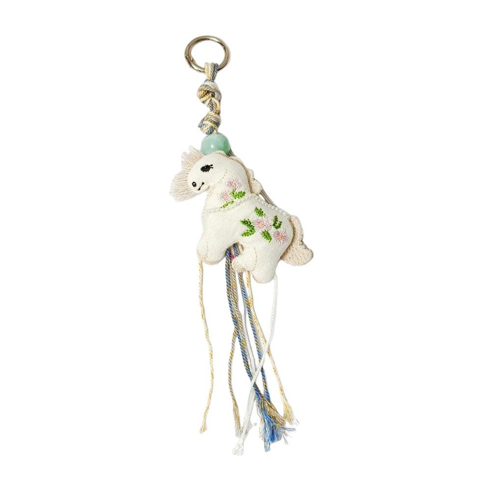 Cute Retro Pony Keychain Fabric Embroidered Key Holder Handmade Elephant Pony Pendant Gift