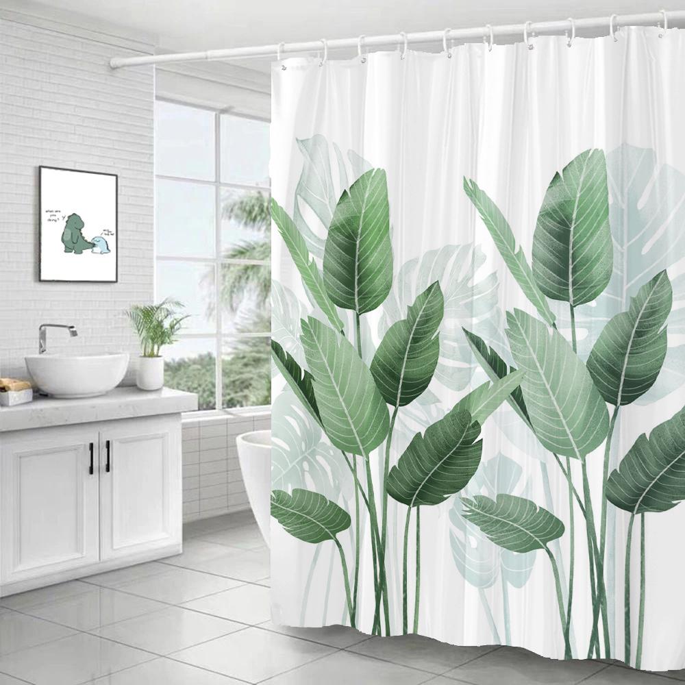 Green Leaf Plant Simple Nordic Printing Bathroom Shower Curtain Polyester Waterproof Home Decoration Curtain with 12 Hooks