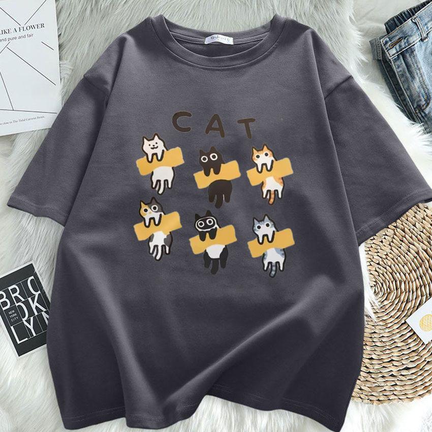 Summer Short Sleeved Tshirt New Korean Ins Retro Cartoon Cat Print Loose Pullover Top