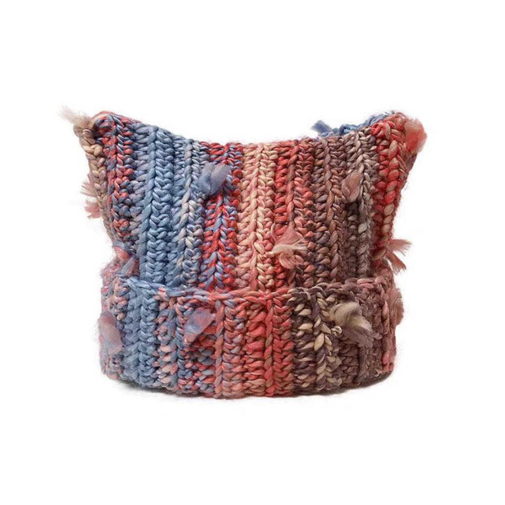 

Mixed Color Cat Ears Hat Fringed Design Striped Pattern Crochet Beanie Hand Crocheted Thick Line Knitting Hat Autumn Winter
