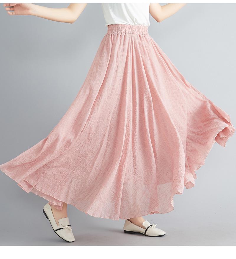 38-Color Plus Size Japanese Cotton Linen A-Line Midi Skirt with Elastic Waist